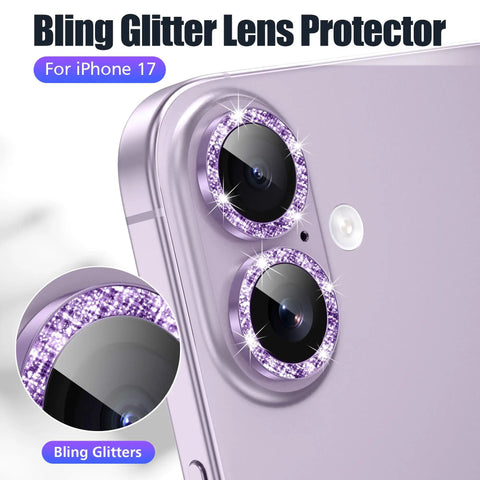 Six Pack Camera Lens Protector Kit For iPhone 17 6.3 Inch With Bling Diamond And Glitter Metal Ring Purple 9H Tempered Glass Shield