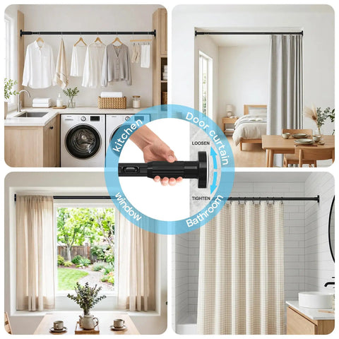 No-Drill Adjustable Tension Curtain Rod For 41-86 Inch Windows, Heavy Duty, Rust-Resistant, 1.26 Inch Diameter, Black used in kitchen and bathroom settings.