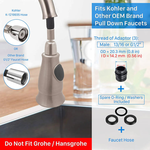 Universal Kitchen Faucet Sprayer Head With 3 Adapters, Brushed Nickel Pull-Down Replacement For Most Brands, shown with adapters and faucet hose compatibility
