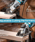 Front view of Seesii mini circular saw with laser guide; corded, 4-1/2 inch blade, depth 1-11/16 inch, bevel 45°, includes 3 blades.
