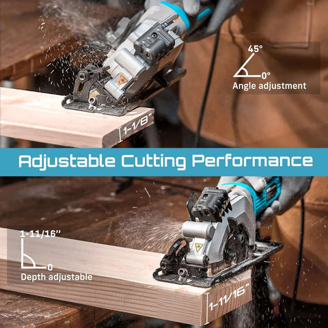 Front view of Seesii mini circular saw with laser guide; corded, 4-1/2 inch blade, depth 1-11/16 inch, bevel 45°, includes 3 blades.