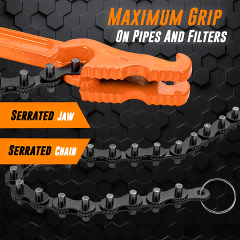Heavy Duty Chain Wrench For Pipes And Oil Filters, 19 Inch Chain Design Fits One And A Half To Six Inch Pipes, 12 Inch Orange Handle
