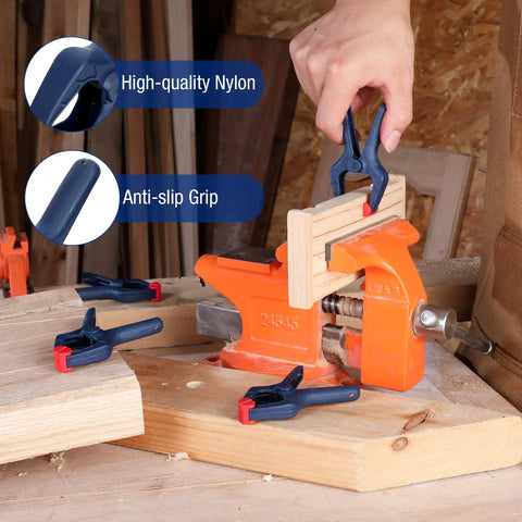 Person using 16 Piece Nylon Spring Clamp Set With 3 3/8 Inch Adjustable Jaw Pads for woodworking on an orange vise.