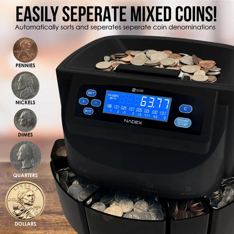 Smart S545 Pro Coin Counter Sorter And Wrapper for Busy Cash Joints with coins, digital display, and separate counting trays.