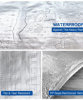 Close-up of Heavy Duty Waterproof Tarp 10 By 13 Feet, 8 Mil Thick Multipurpose Poly Tarp Cover In Silver with water droplets and reinforced hem.