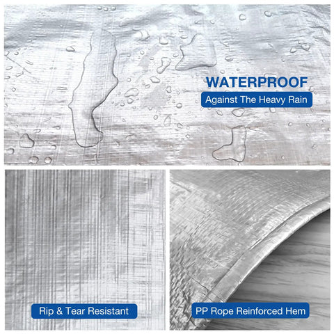 Close-up of Heavy Duty Waterproof Tarp 10 By 13 Feet, 8 Mil Thick Multipurpose Poly Tarp Cover In Silver with water droplets and reinforced hem.