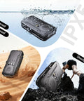 20000mAh Solar Power Bank Portable Charger With Built In Cables And Wireless Charging, IPX5 Waterproof, showing durability in water, sand, and outdoor conditions.