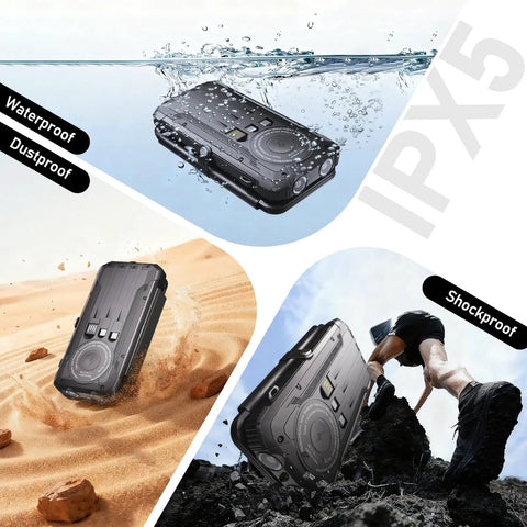 20000mAh Solar Power Bank Portable Charger With Built In Cables And Wireless Charging, IPX5 Waterproof, showing durability in water, sand, and outdoor conditions.