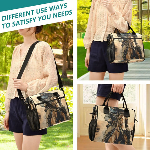 Desert Dust Insulated Cooler Tote Lunch Bag with detachable strap shown in various outdoor and indoor settings.