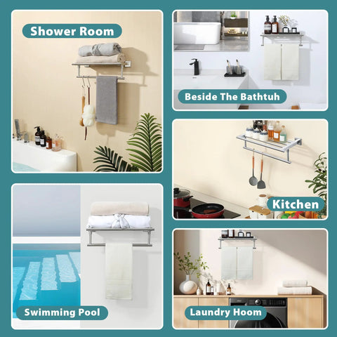 16 Inch Wall Mounted Towel Rack With Tower Bars In Brushed Nickel, SUS 304 Stainless Steel Bathroom Shelf in various settings.