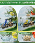 Detachable Flower-Shaped Bird Bath with seed bowl, featuring birds perched, demonstrating use