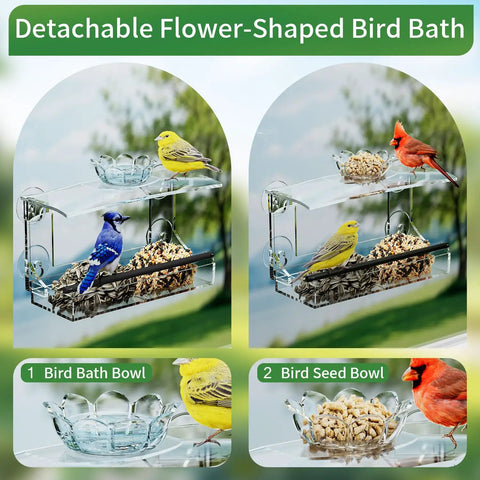 Detachable Flower-Shaped Bird Bath with seed bowl, featuring birds perched, demonstrating use