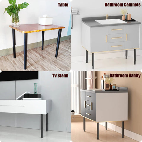 Beefy Adjustable Furniture Legs 10 To 17 Inches Heavy Duty Replacement Feet For Bed Sofa Dresser Chair TV Stand And Coffee Table Supports Up To 661 Lbs Set Of 4 Black installed on various furniture pieces.