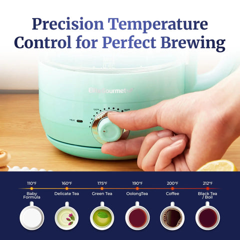 Super Fast Boil Electric Glass Kettle 1.2L 1200W With Adjustable Temperature Control dial in mint finish.