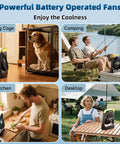 20800mAh Battery Powered 8 Inch Portable Fan With USB C Fast Recharge in various settings: dog cage, camping, kitchen, desktop