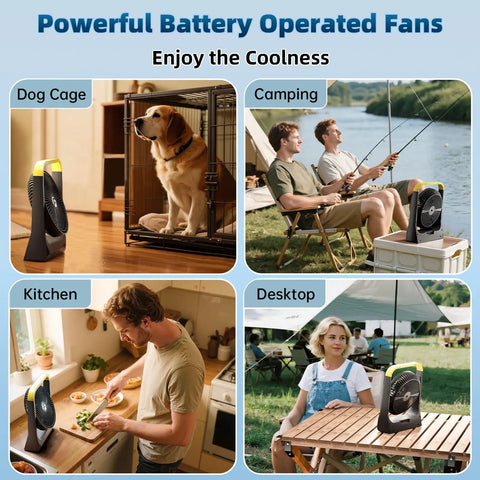 20800mAh Battery Powered 8 Inch Portable Fan With USB C Fast Recharge in various settings: dog cage, camping, kitchen, desktop