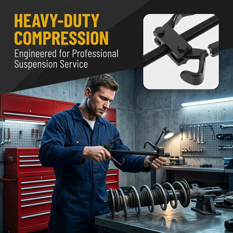 Heavy Duty Coil Spring Compressor Tool Kit For Strut Springs, Safe And Easy Auto Repair For DIY Enthusiasts And Pros, Durable Steel Construction, Fits Most Struts And Shock Absorbers, Ideal For Removing And Reinstalling Coil Springs, black steel tool on strut spring