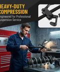 Heavy Duty Steel Coil Spring Compressor Tool Kit For Auto Suspension Repairs Front Spring Removal And Shock Absorber Strut Tool With Locking Pins Durable Safe For Universal Car Fit, shown in use