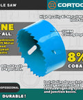 Side view of blue Cortool 3-inch bi-metal hole saw with arbor for metal and wood cutting, 35mm depth.