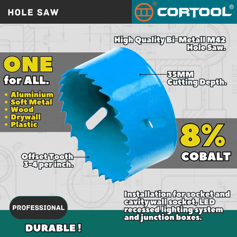 Side view of blue Cortool 3-inch bi-metal hole saw with arbor for metal and wood cutting, 35mm depth.