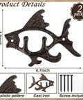 Dead Reliable Cast Iron Fish Wall Hooks 2 Pack, measuring 6.7 inches and 4.9 inches, perfect for coats or towels.