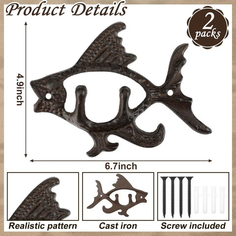 Dead Reliable Cast Iron Fish Wall Hooks 2 Pack, measuring 6.7 inches and 4.9 inches, perfect for coats or towels.