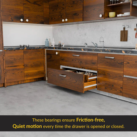 Heavy Duty Ball Bearing Side Mount Drawer Slides With White Finish in kitchen cabinet, demonstrating smooth glide mechanism