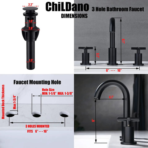 Diagram showing Matte Black 8 Inch Widespread Bathroom Faucet With Two Handles 3 Hole Sink Faucet With Valve And Pop Up Drain dimensions