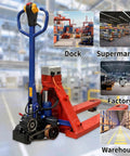 Huge 11023 Lbs Electric Pallet Jack Walkie Truck With Auto Brake And Fast Charge For Heavy Industrial Work Moving Cars And Machinery On Job Sites in a warehouse setting.