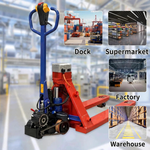 Huge 11023 Lbs Electric Pallet Jack Walkie Truck With Auto Brake And Fast Charge For Heavy Industrial Work Moving Cars And Machinery On Job Sites in a warehouse setting.