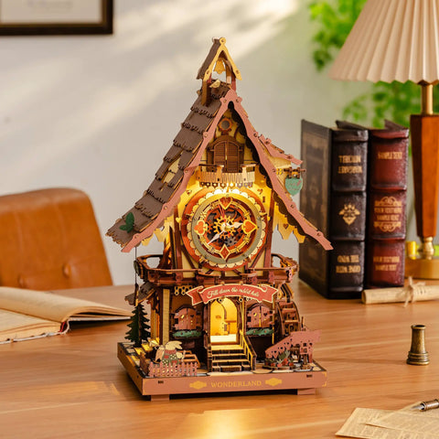 Dope 3D Wooden Cuckoo Clock Kit For Adults, 435-Piece Buildable Model with a detailed house design and lighted clock face