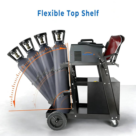 Heavy Duty Welder Cart With 2 Tier 4 Drawer Storage, 265 Lbs Load Capacity, dual slots, adjustable top shelf shown