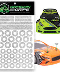 RC Body Clip Hole Protectors 49 Clear PVC Stickers for One-Tenth Scale RC Crawler Bodies sheet with cars showing application.