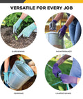 Four images showing Women Garden Gloves With All Day Comfort Breathable Polyester Shell and Seamless Fit PU Coated Palm in use.