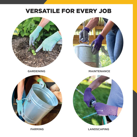 Four images showing Women Garden Gloves With All Day Comfort Breathable Polyester Shell and Seamless Fit PU Coated Palm in use.