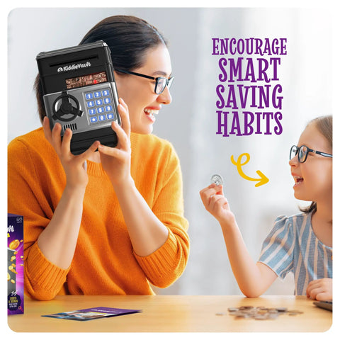 Woman and child with Electronic Piggy Bank For Kids With Passcode Lock And ATM Style Safe, encouraging saving.