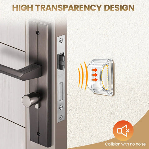 Six Piece Clear Silicone Door Stoppers And Wall Bumper Shields With Heavy Duty Peel And Stick Backing For Slick Door Handle Defense and Smooth Door Swing on door frame.