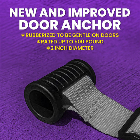 Portable Nordic Hamstring Curl Strap For Home Or Travel 5 Second Setup door anchor with rubberized grip on purple background