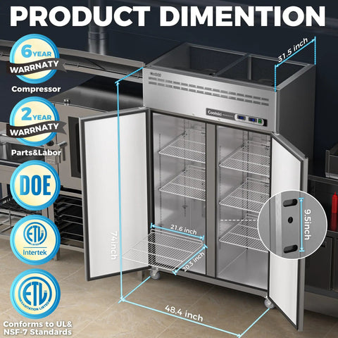 Built Tough Commercial Reach In Refrigerator And Freezer Combo 48 Inch Wide stainless steel dimensions diagram with storage racks.
