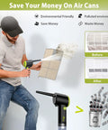Man using Electric Cordless Air Duster Handheld With Stepless Speed, 41000 RPM Motor, 6000mAh Battery on air filter, recycling illustration shown