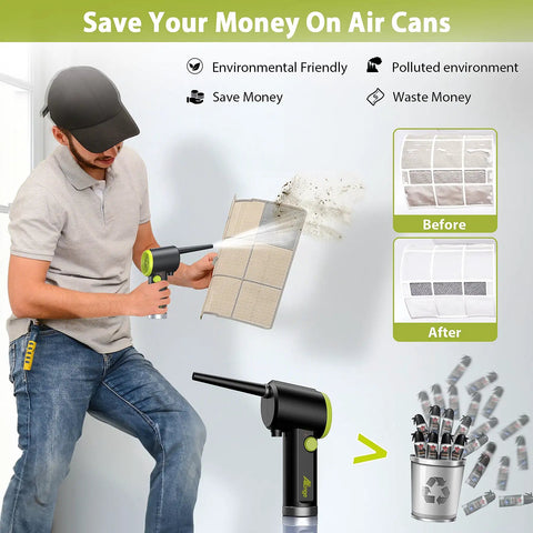 Man using Electric Cordless Air Duster Handheld With Stepless Speed, 41000 RPM Motor, 6000mAh Battery on air filter, recycling illustration shown
