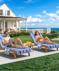Ultra Plush Micro Fleece Lounge Chair Towel Cover Set Of 2 With Quick Dry Non Slip Backing And 2 Side Pockets For Pool Beach Patio Garden 85 By 30 Inches Blue White on wooden loungers by seaside.
