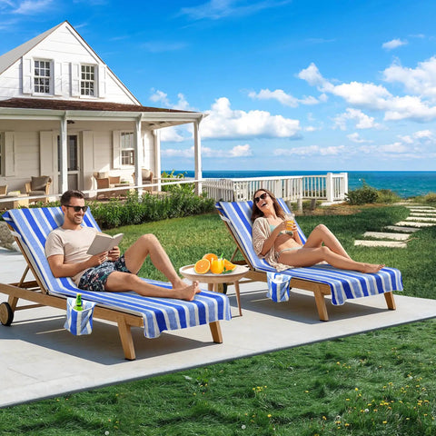 Ultra Plush Micro Fleece Lounge Chair Towel Cover Set Of 2 With Quick Dry Non Slip Backing And 2 Side Pockets For Pool Beach Patio Garden 85 By 30 Inches Blue White on wooden loungers by seaside.