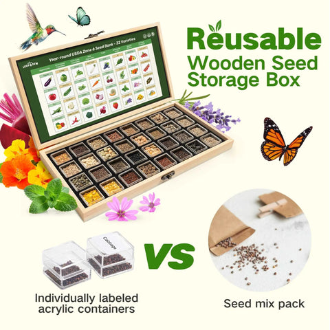 Year Round Heirloom Seed Kit With 32 Varieties And 30,000 Plus Non GMO Seeds for Indoor and Outdoor Gardens in Wooden Box
