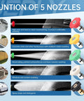 Diagram showing Five Pack Pressure Washer Nozzle Tips With 1 Quarter Inch Quick Connect, Handles Up To 4000 PSI And 2.5 GPM, Includes Holder For Easy Tip Swaps, illustrating each tip's function on different surfaces.