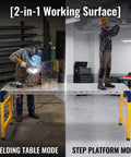 Built Tough Shop Workhorse Foldable Welding Table 64 X 14 Inches in welding and step platform modes with adjustable height.