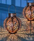 Two Pack Hanging Solar Lanterns Outdoor Copper Finish Vintage Style Solar Powered Lights For Yard Decor Waterproof LED 6 Lumens Warm White Glow With Real Firelight Look Iron And Plastic Construction