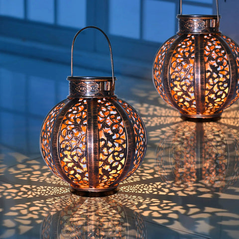 Two Pack Hanging Solar Lanterns Outdoor Copper Finish Vintage Style Solar Powered Lights For Yard Decor Waterproof LED 6 Lumens Warm White Glow With Real Firelight Look Iron And Plastic Construction