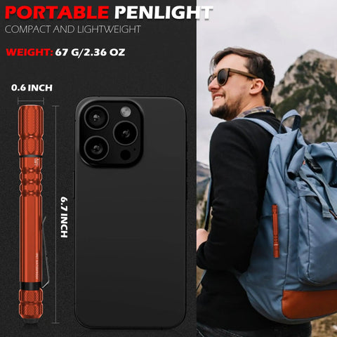 Rechargeable Pen Light Flashlight With Clip, 400 Lumens Pocket Torch next to smartphone and backpack outdoors.