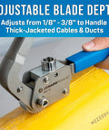 Submariner Cable Jacket Slitter with adjustable blade cutting yellow HDPE cable, highlighting stainless steel construction and ratcheting jaws for large fiber ducts and heavy duty telephone cables up to one and a half inch diameter.